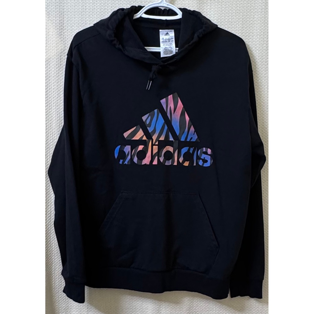 Adidas black hoodie with multicolored animal print logo